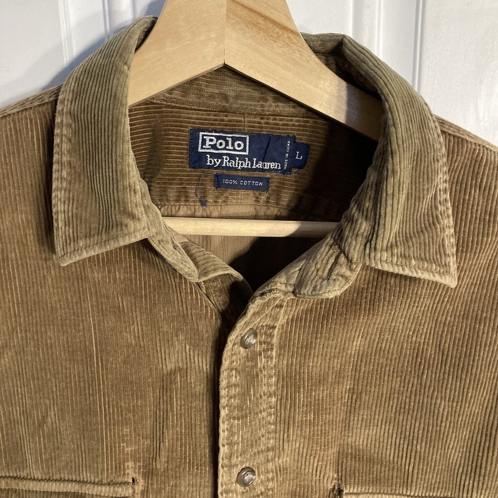 Vtg Polo Ralph Lauren Corduroy Elbow Patch Shirt Mens Large Brown Distressed 90s - Picture 2 of 14